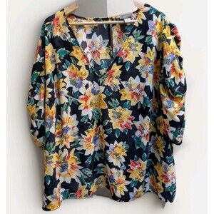 Ava & Viv Top Plus Sz 3X Black Floral Short Sleeve V Neck Keyhole Office Brunch